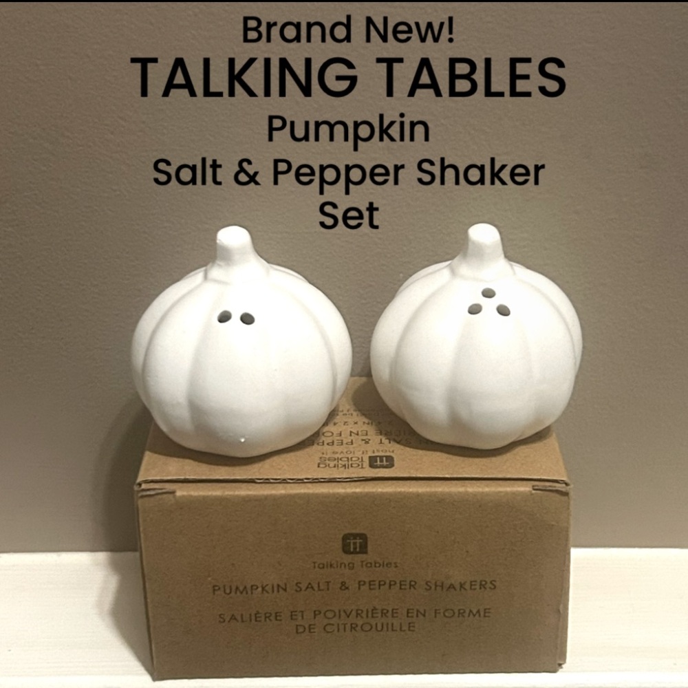NWT 2-Piece TALKING TABLES Ceramic Pumpkin Salt & Pepper Shaker Set